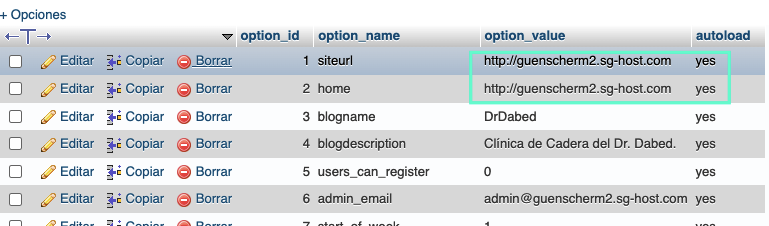 cambiar URL WordPress desde phpMyAdmin