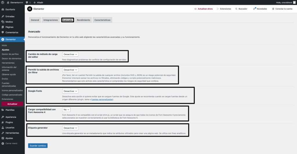 ajustes avanzados elementor optimos