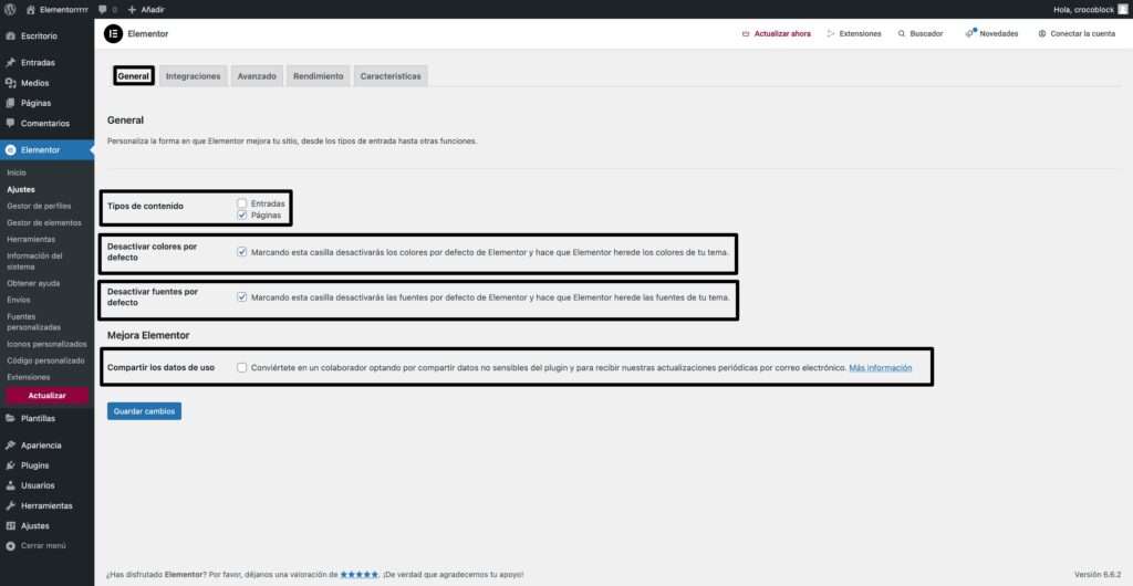ajustes generales elementor optimos
