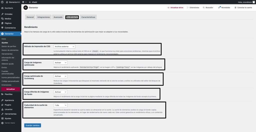 ajustes rendimiento elementor optimos